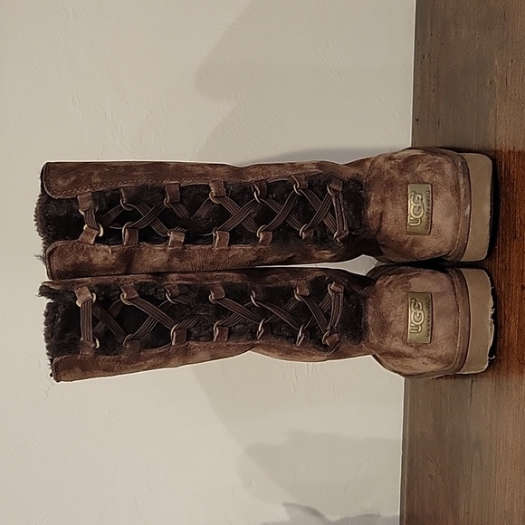 Women's Roseberry Chocolate Tall Lace Up Ugg Boots/Sheepskin Lined - Picture 2 of 7